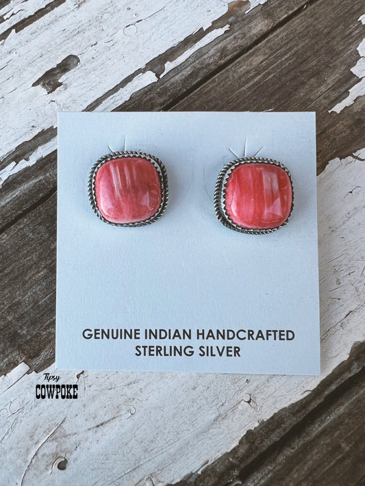 Red Spiny Oyster Round Stud Earrings