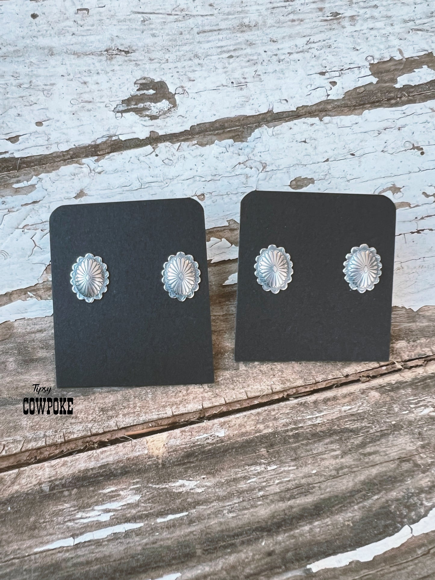 Concho Silver Oval Stud Earrings