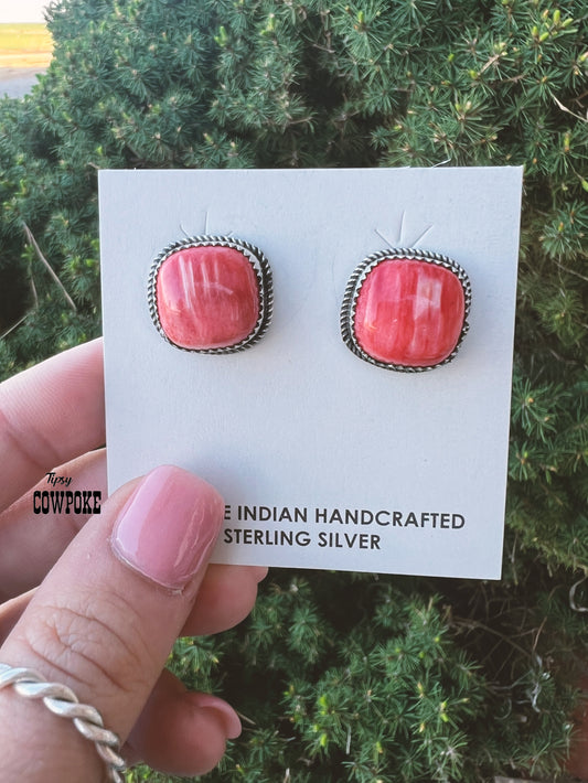 Red Spiny Oyster Round Stud Earrings