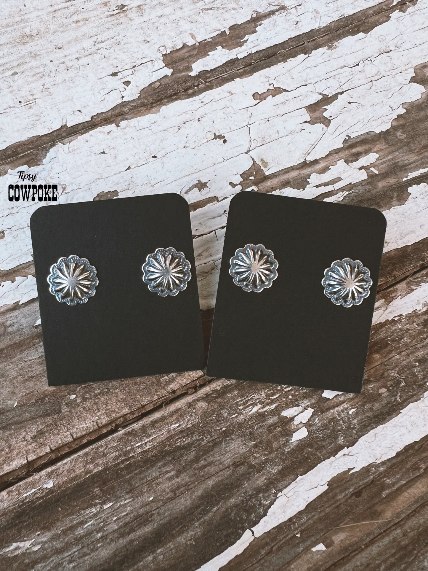 Concho Silver Flower Stamped Stud Earrings