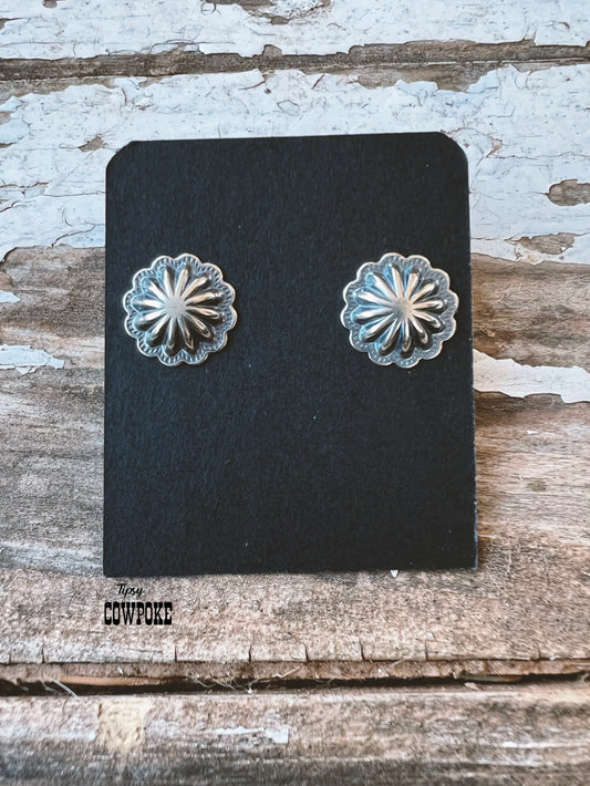 Concho Silver Flower Stamped Stud Earrings